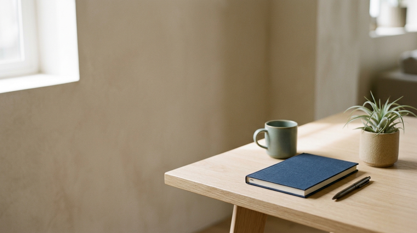 Calm, focused workspace with a navy notebook, mug and small plant in soft natural light