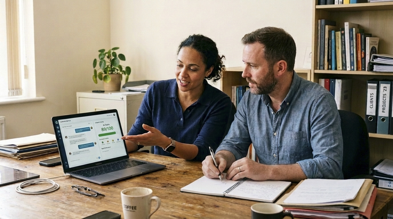 AI-supported customer service — chat quality scoring on a laptop dashboard