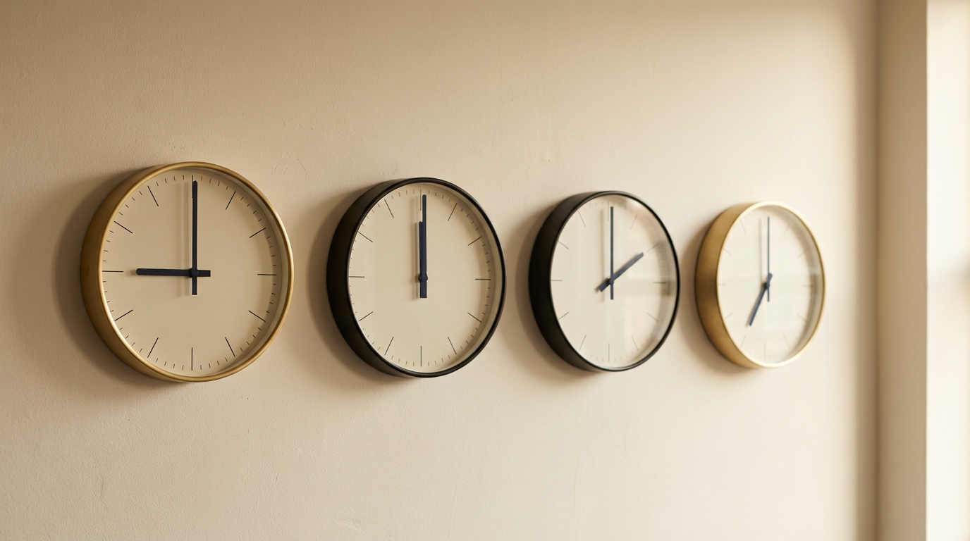 Wall-mounted clocks showing multiple European time zones - multilingual customer service coverage across markets