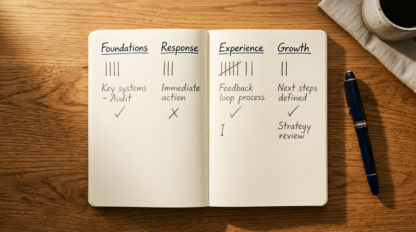 Notebook page with four handwritten headings — foundations, response, experience, growth — used to structure a customer service audit