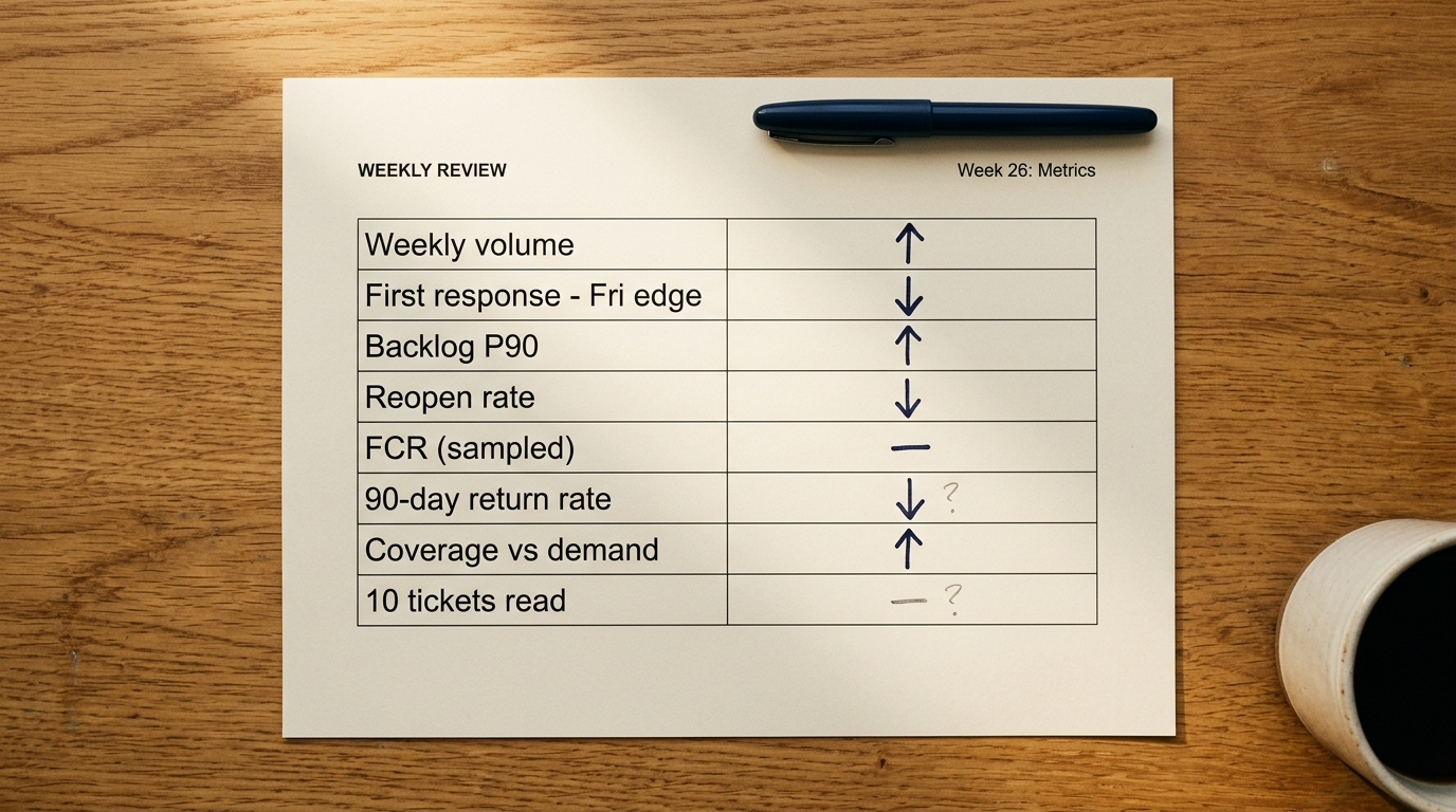 Printed weekly review of eight customer service metrics for small business teams with hand-drawn trend arrows