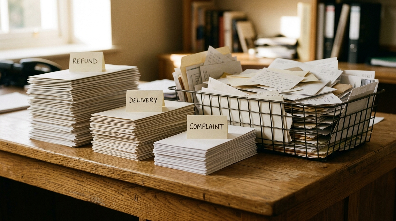 Overflowing paper in-tray being sorted into three piles - a visual metaphor for triaging the support inbox to scale customer service