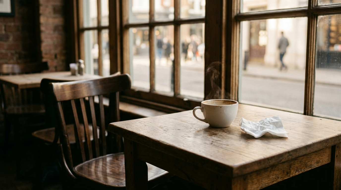Empty chair at a café table with a still-warm coffee cup — a visual metaphor for silent churn in customer service